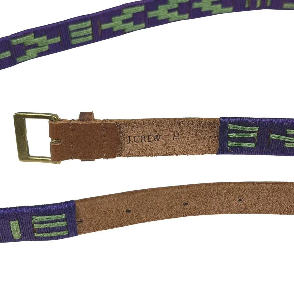 J.Crew Purple Green Embroidered Geo Boho Leather Belt Womens Medium NWOT 39